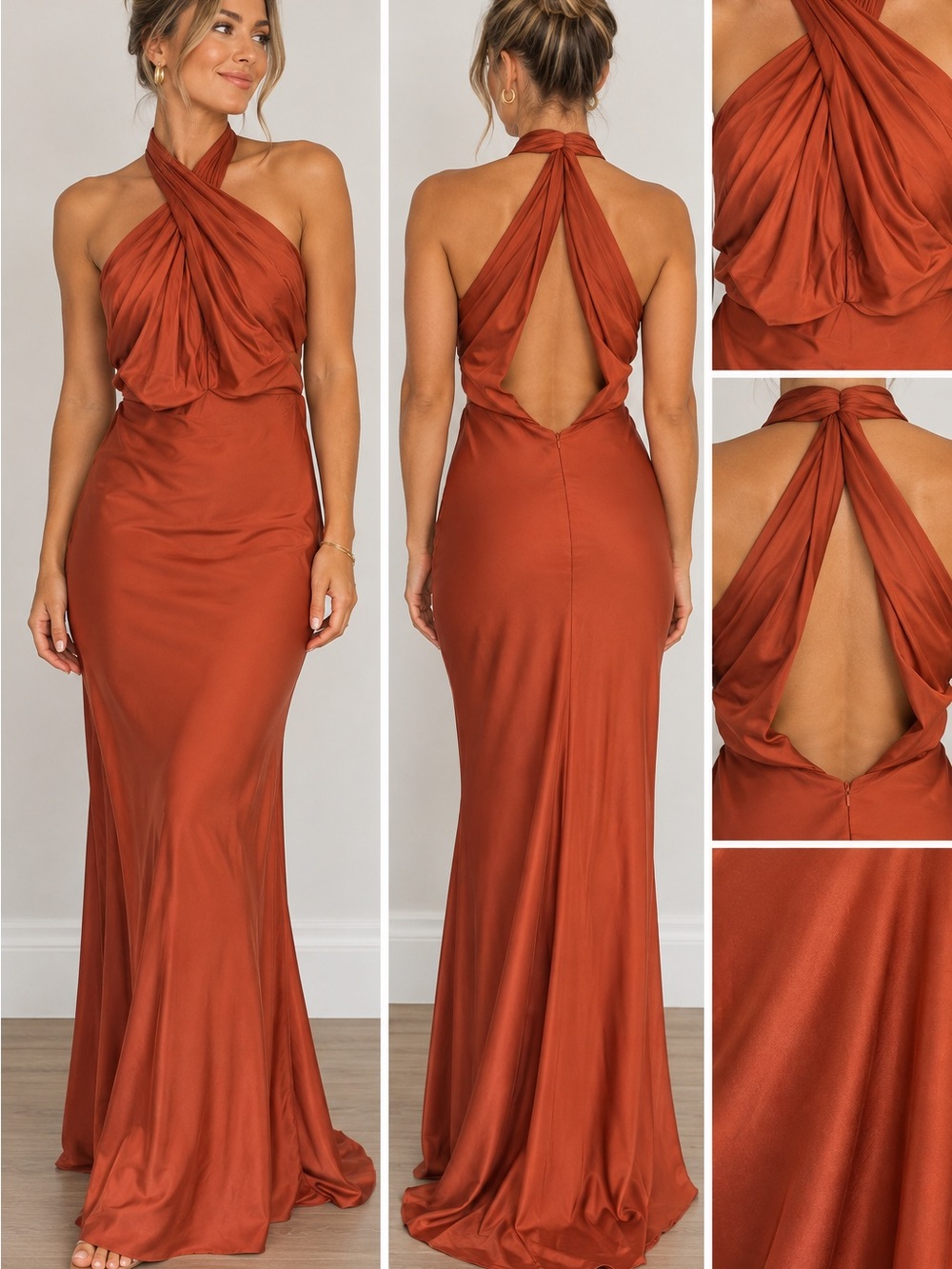 Azazie Rust Satin Halter-Style Open-Back Gown